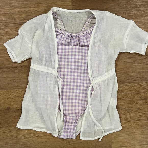 Carter's Purple Gingham One Piece Girls Swimsuit Size 4T With White Coverup - Picture 2 of 9